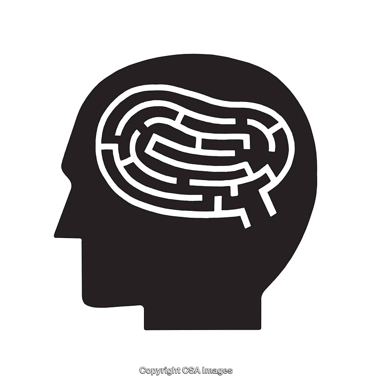 Black and White Silhouette of a Head with Brain Maze Illustration