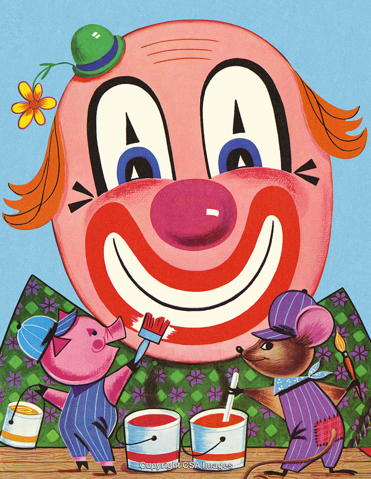 Colorful Illustration of a Clown With Playful Characters Painting