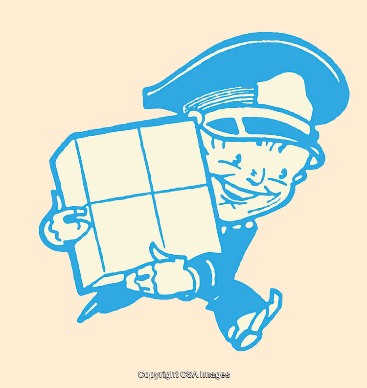Retro Mail Carrier with Package Line Art Illustration in Blue and White