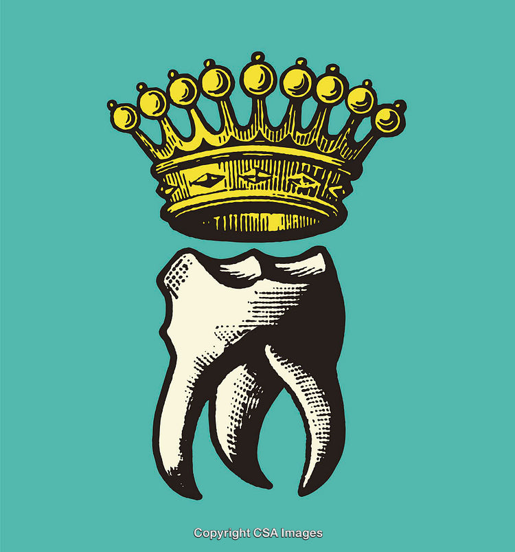 Detailed Artistic Illustration of a Crowned Tooth on a Colored Background