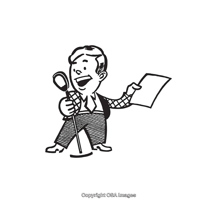 Black and White Line Art of a Performer Holding Microphone and Script