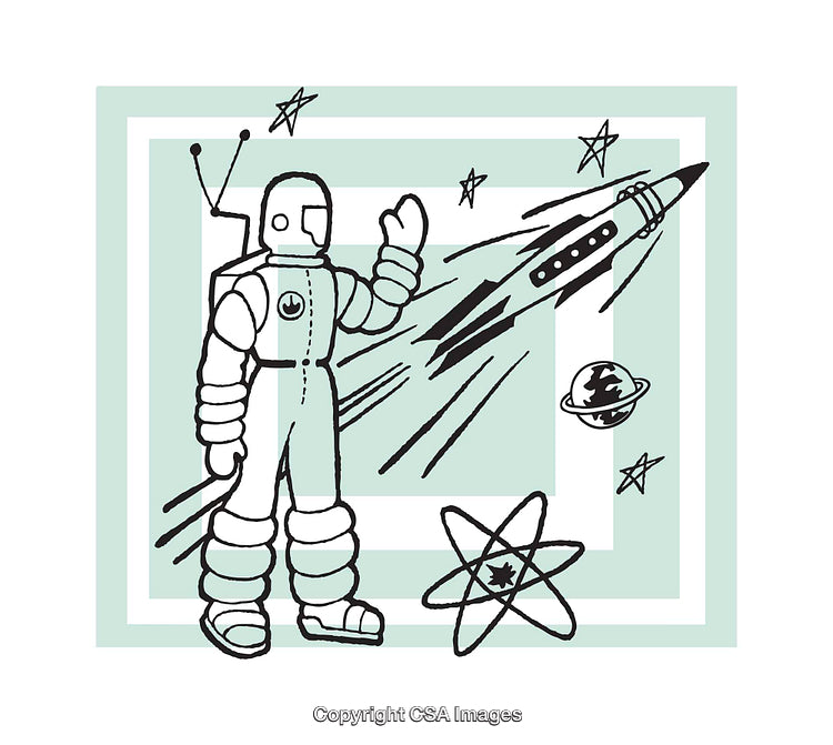Retro Astronaut Illustration with Rocket Flying in Space