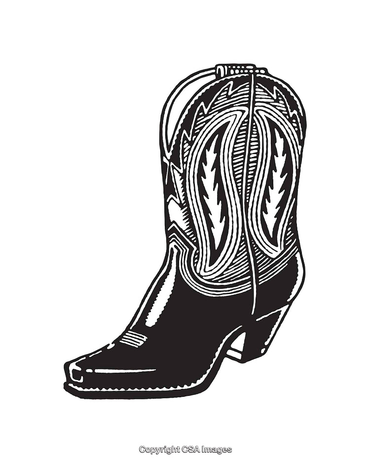 Detailed Black and White Line Art Illustration of a Western Cowboy Boot
