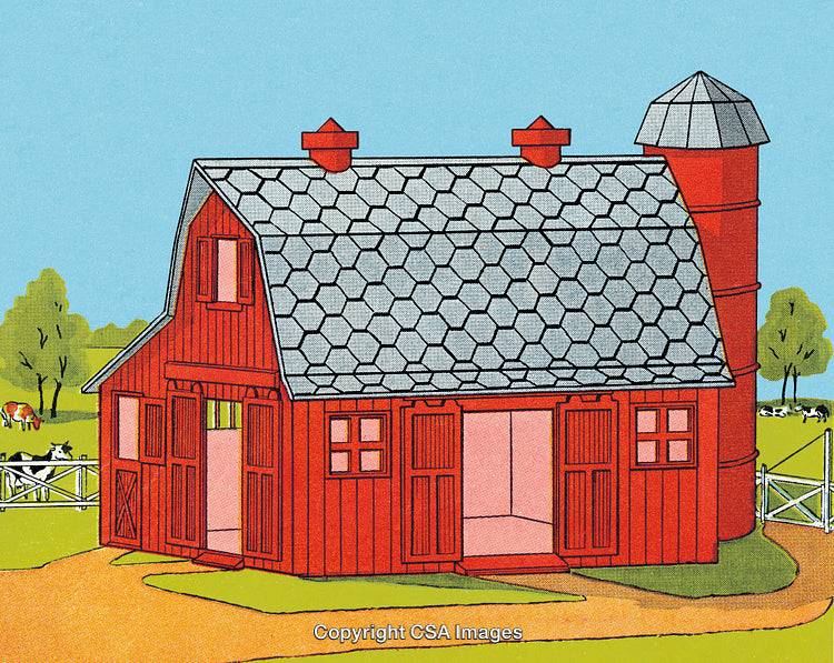 Red Barn Illustration in a Scenic Countryside Setting With Clear Sky