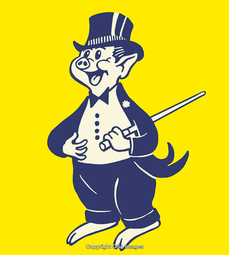 Elegant Cartoon Pig in Formal Attire With Cane on Yellow Background