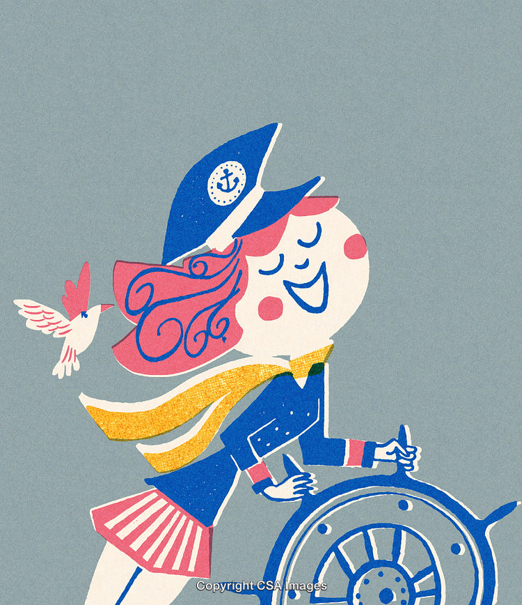 Colorful Illustration of Joyful Young Girl Steering a Wheel with a Bird