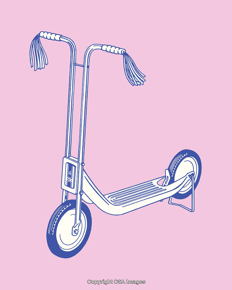Colorful Illustrated Vintage Kick Scooter with Retro Pink Background