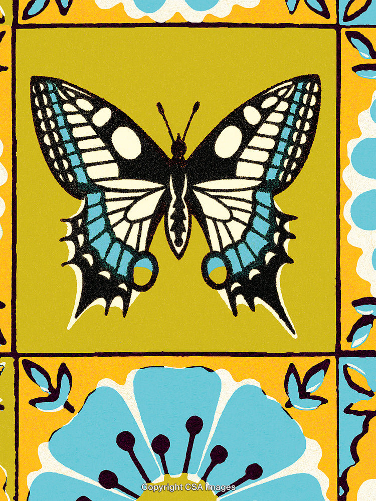 Colorful Butterfly and Floral Motif on Geometric Decorative Pattern
