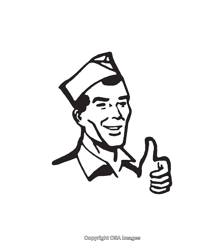 Vintage Black and White Drawing of a Smiling Man Giving Thumbs Up