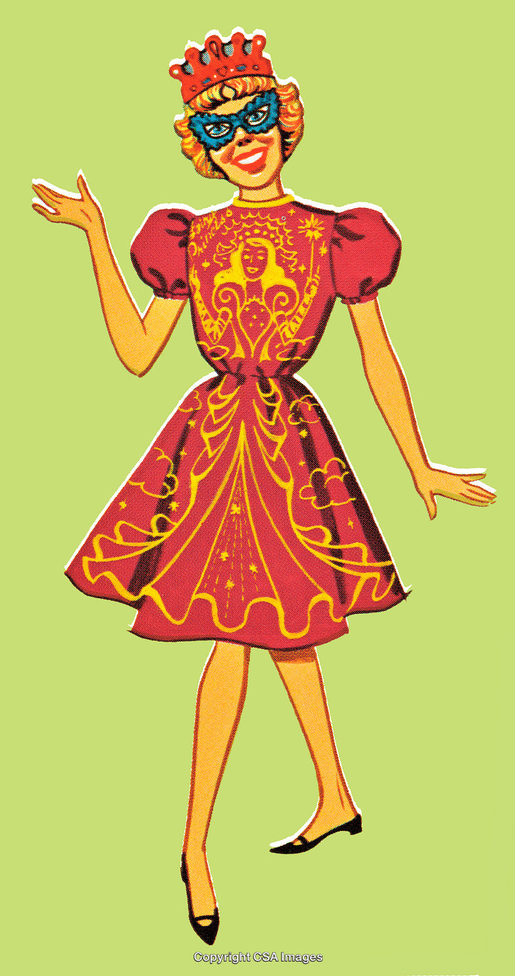 Vintage Illustration of a Woman Dressed as a Queen with Mask and Crown