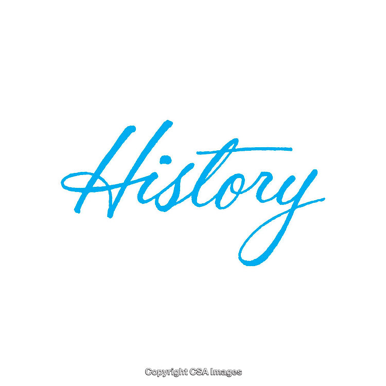 Blue Cursive Handwritten Word 'History' on a White Background