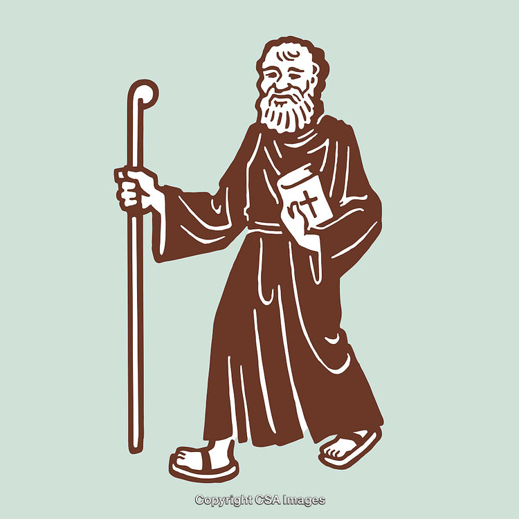 Illustration of a Monk Holding a Staff and a Bible with a Cross