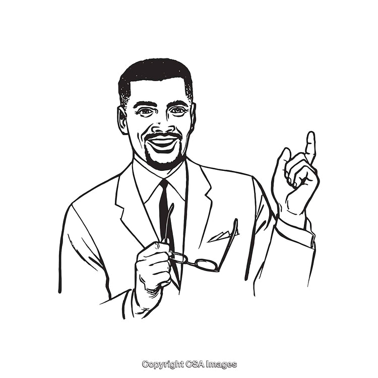 Black and White Illustration of a Confident Businessman with Gesturing Hand