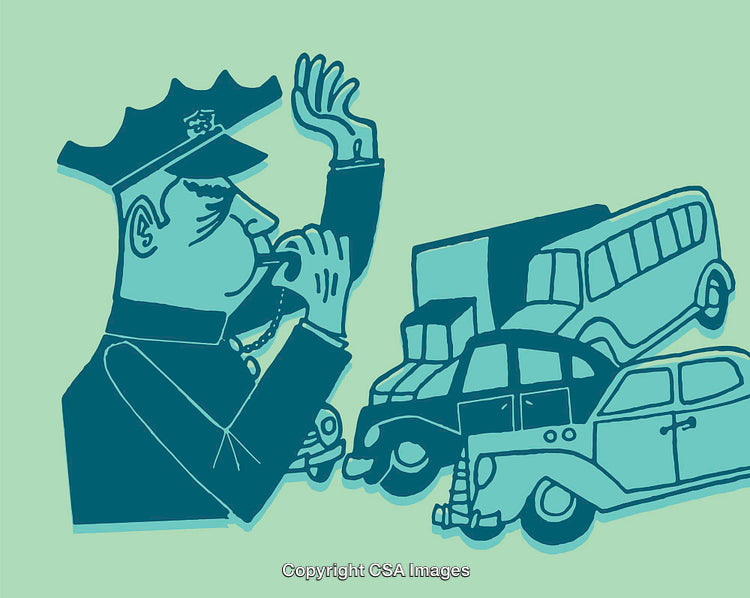 Illustrative Drawing of Policeman Managing Traffic Near Vehicles in Line
