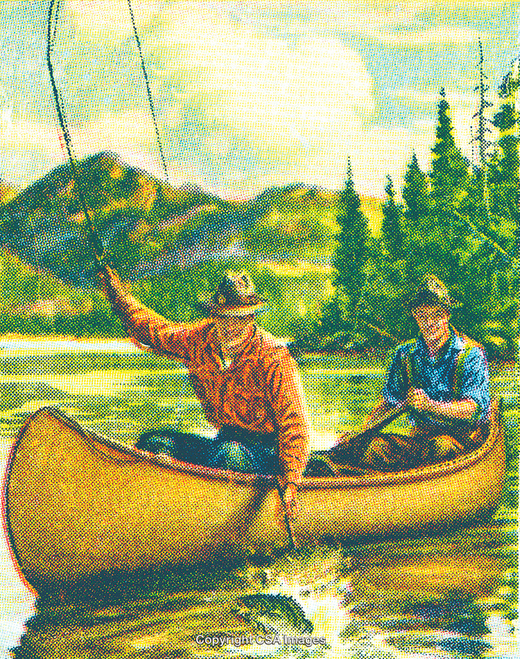 Outdoor Adventure with Two Men Fishing from a Canoe on a Serene Lake