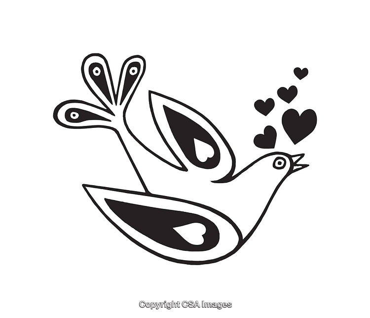 Black And White Line Art Illustration of a Bird With Hearts