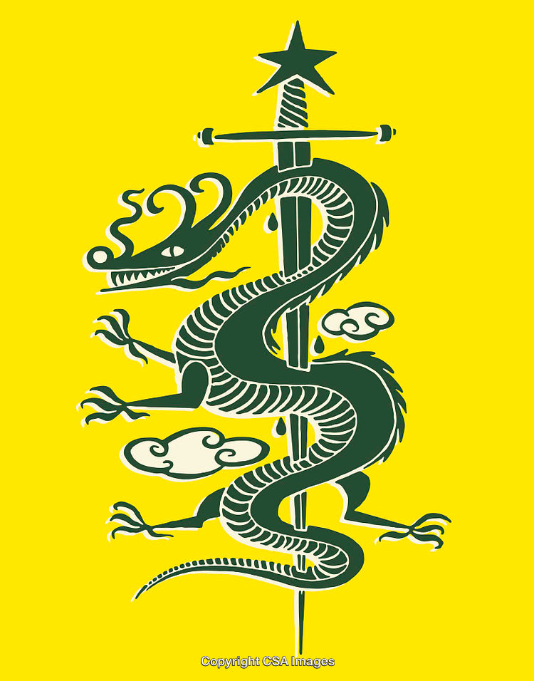 Intricate Dragon and Sword Illustration with a Bright Yellow Background