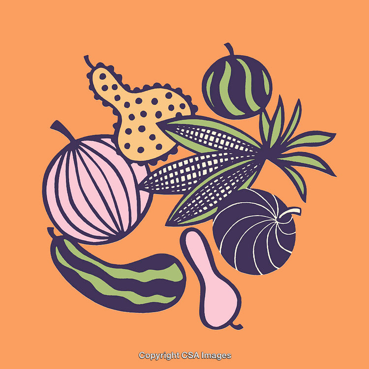 Colorful Line Art Illustration of Fruits and Vegetables on an Orange Background