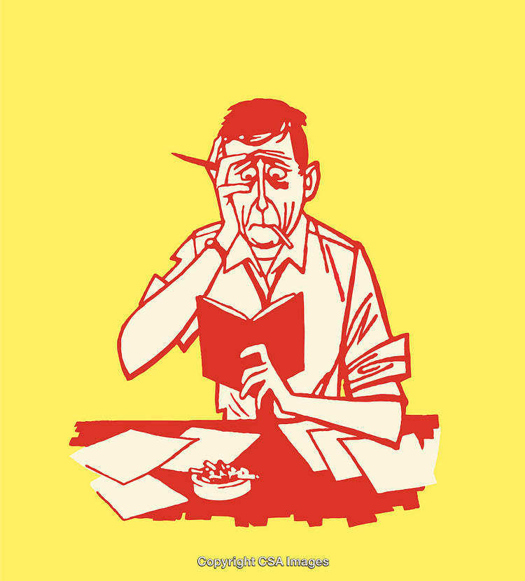 Man Reading at Desk in Bold Red and Yellow Line Art Illustration