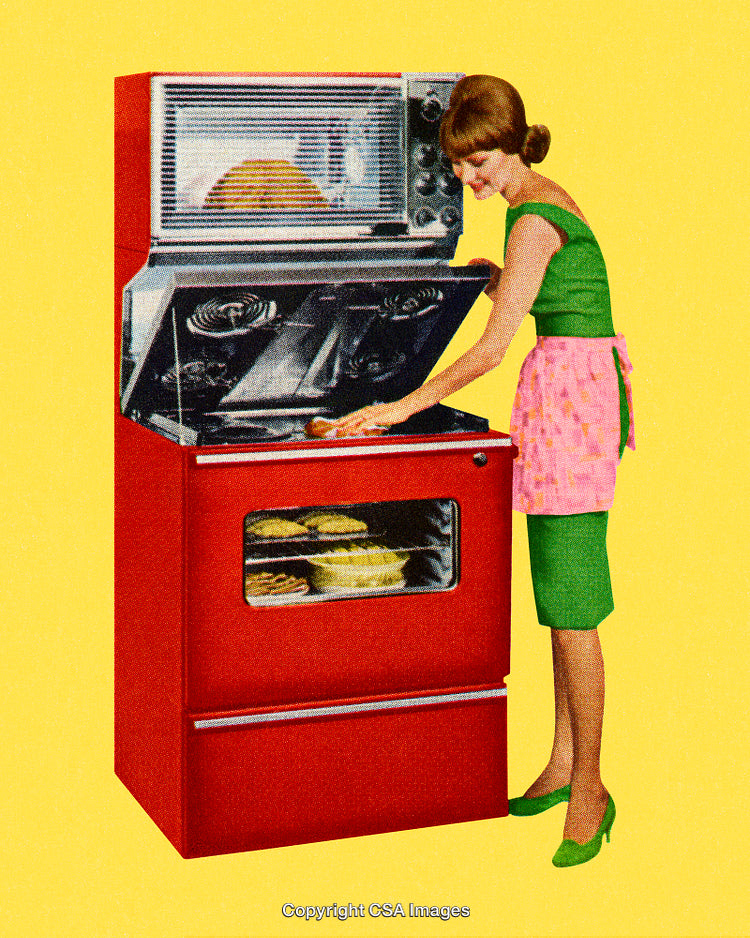 Retro Kitchen Scene with Vintage Stove and Woman Baking in Style