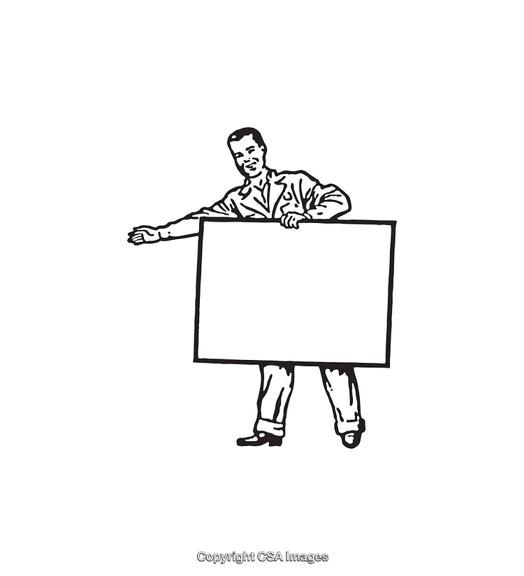 Black and White Illustration of a Man Holding a Blank Board