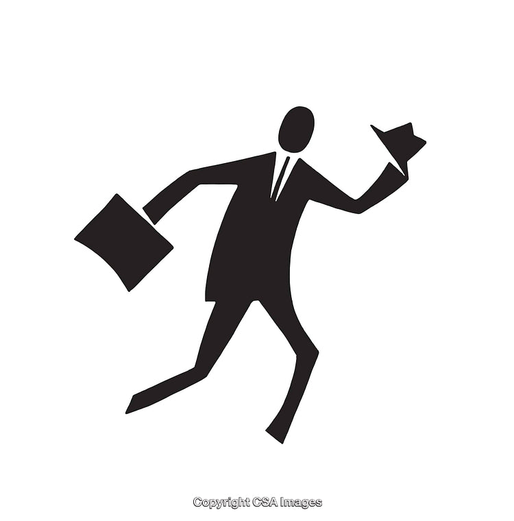 Silhouette Illustration of a Businessman in Motion Holding Hat and Briefcase