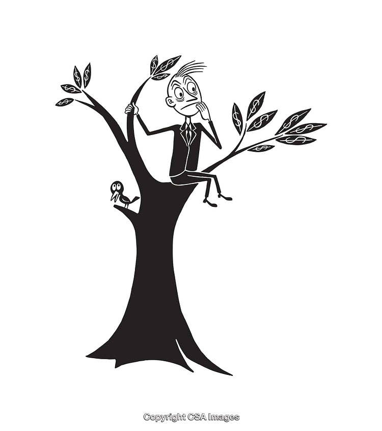 Whimsical Illustration of a Man Sitting in a Tree with a Bird