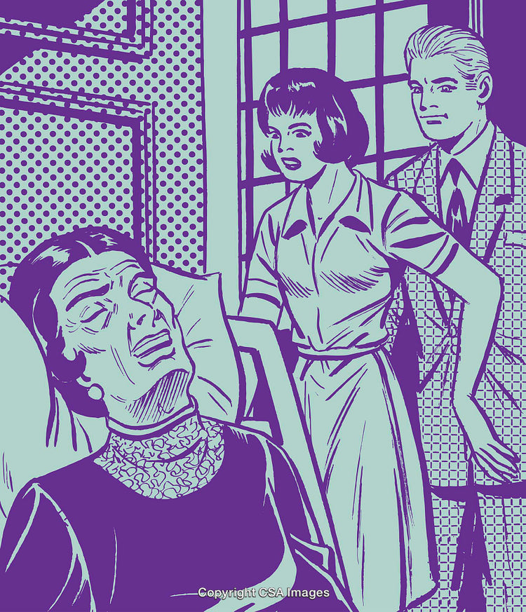 Retro Comic Art of Concerned Characters and a Resting Woman