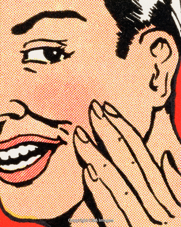 Close-Up of Retro Comic Pop Art Woman's Face with Red Background