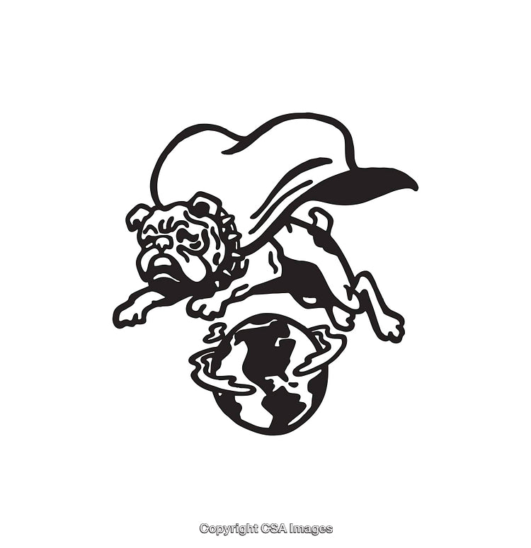 Bulldog Superhero Illustration with Cape Soaring Over Planet Earth