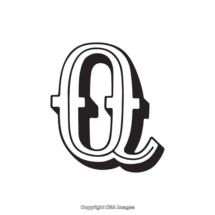 Stylized Black and White Letter Q in Vintage Typography Style