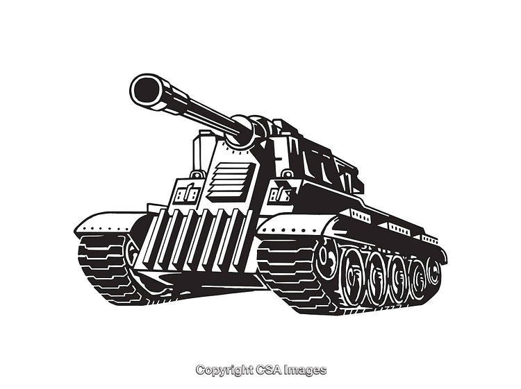 Black and White Line Art of a Military Tank with Detailing