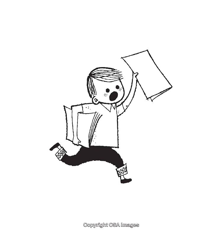 Black and White Line Art of Excited Child Running With Papers