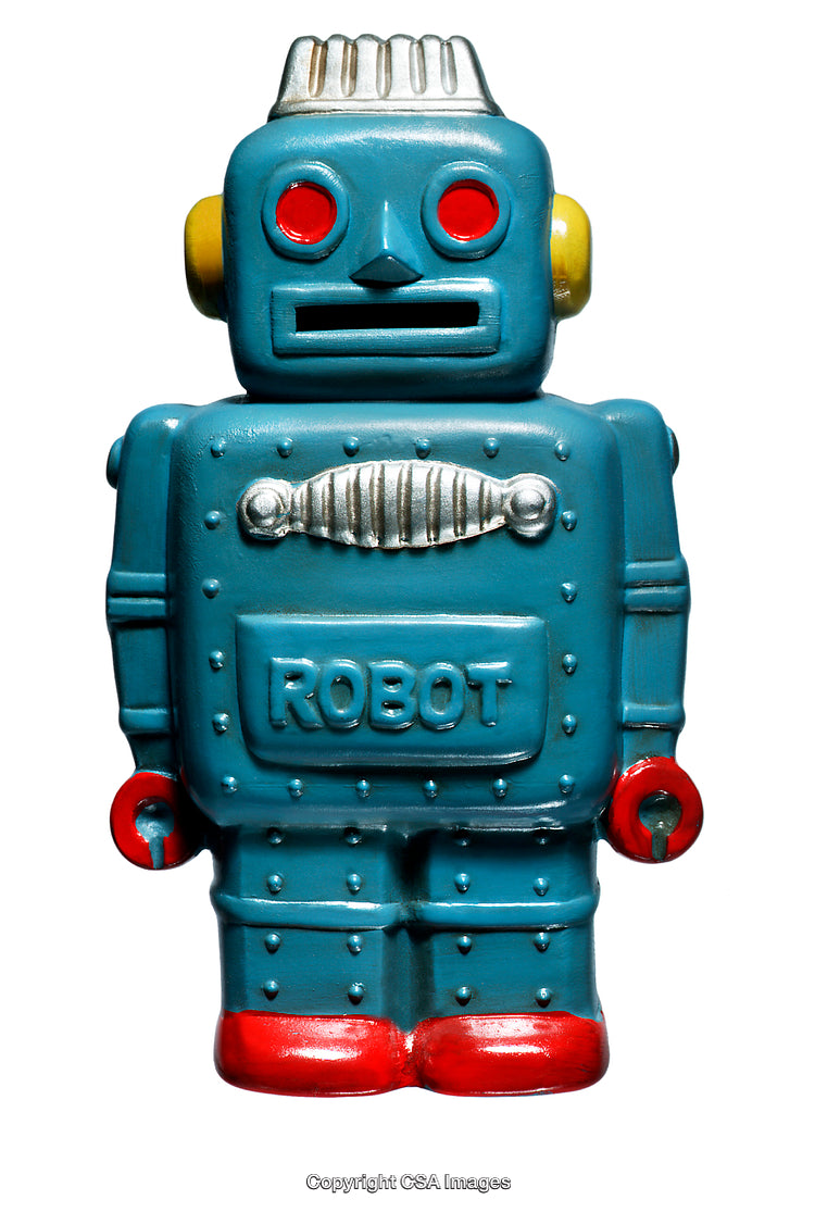 Blue Vintage Toy Robot With Red Accents Against White Background