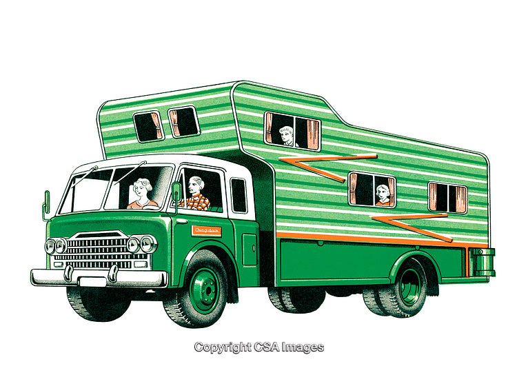 Retro Illustration of a Family Traveling in a Vintage Green Camper Van