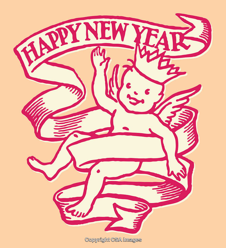 Happy New Year Cherub Illustration with Ribbon and Crown Design