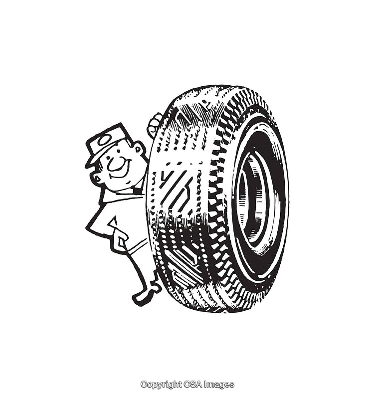 Black And White Drawing of a Smiling Worker With a Tire