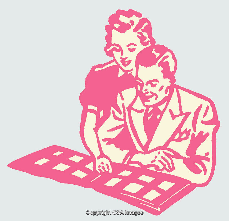 Retro Line Art of a Couple Viewing a Photo Album Together