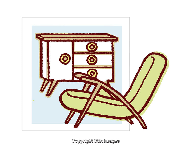 Vintage-Style Illustration of Furniture Featuring Chair and Cabinet