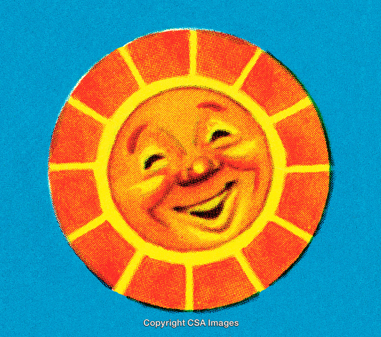 Illustration of a Smiling Sun with a Vintage Style on a Blue Background