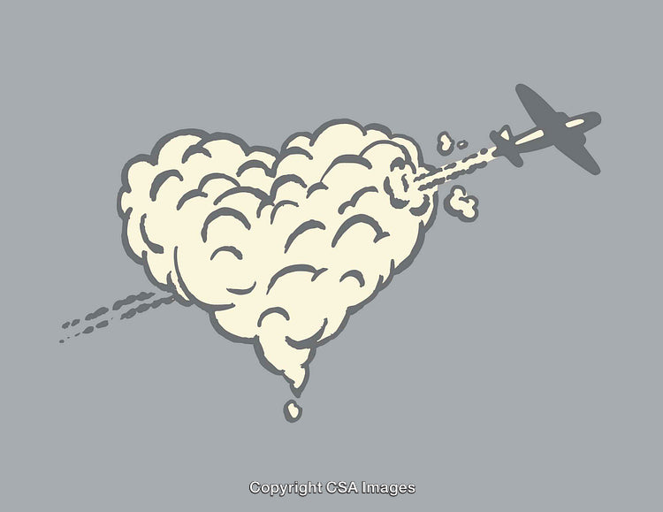 Airplane Drawing Heart Symbol With Smoke on Gray Background