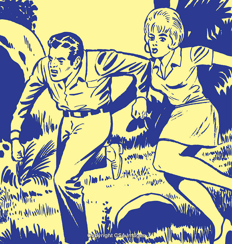 Retro Illustration of a Couple Running Through Forest in Dramatic Scene
