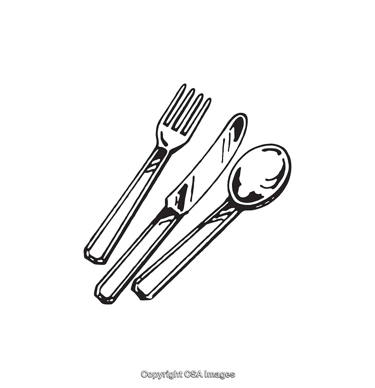 Black and White Illustration of Fork, Spoon, and Knife Cutlery