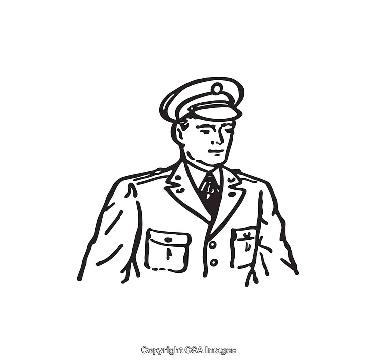 Black and White Line Art of a Uniformed Officer