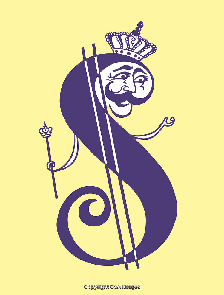 Whimsical Crowned Letter Illustration in Purple on Yellow Background
