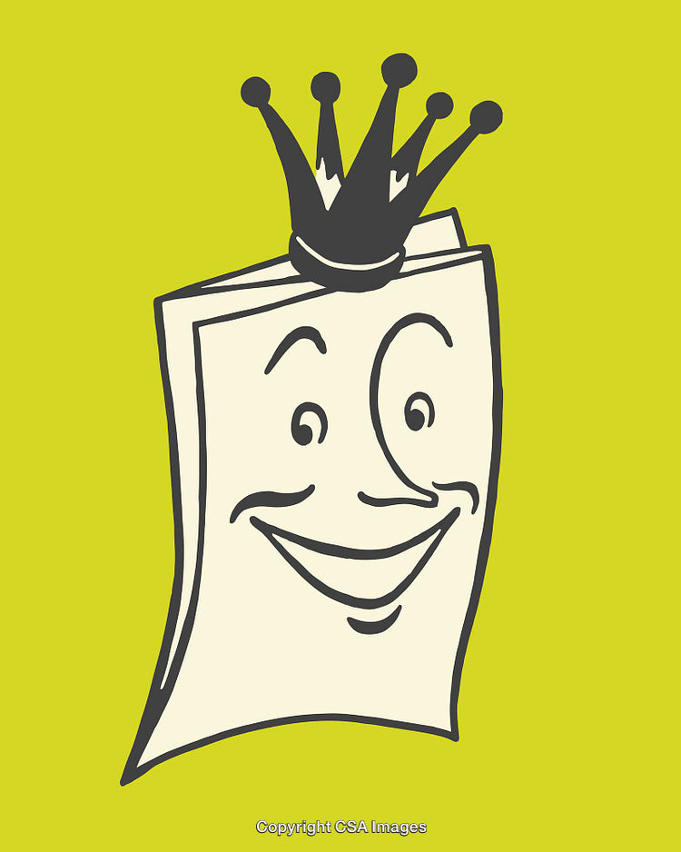 Smiling Cartoon Paper with Crown Illustration on Green Background