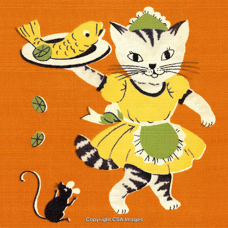 Vintage Illustration of Cat Chef Serving Fish with Playful Mouse