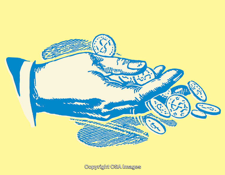 Blue Line Art Illustration of a Hand Holding Money on Yellow Background