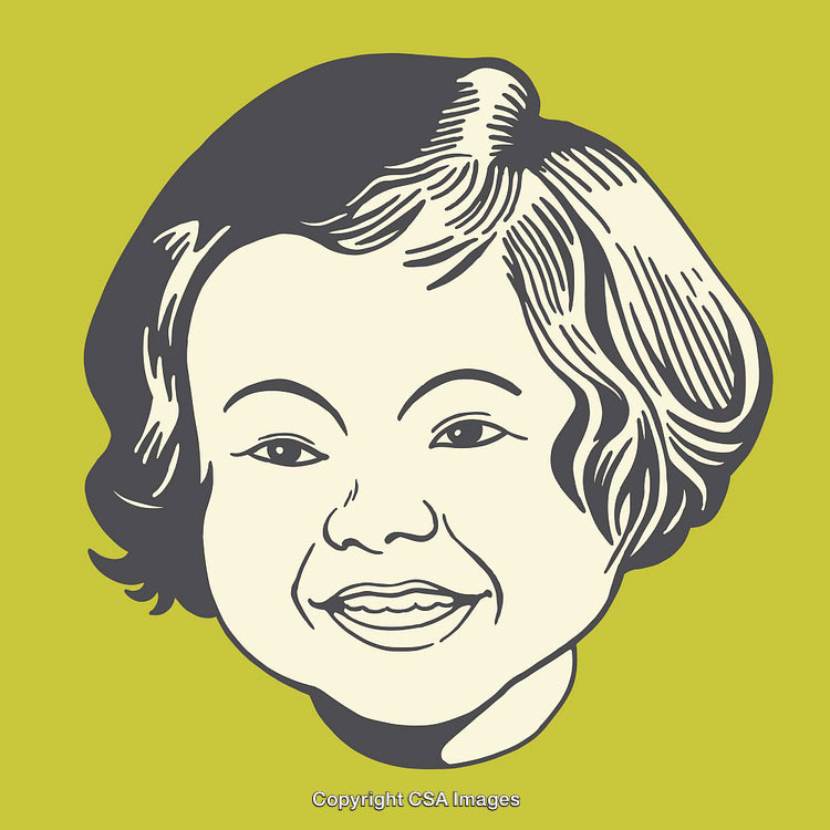 Vintage Line Art Portrait of a Smiling Child with a Yellow Background
