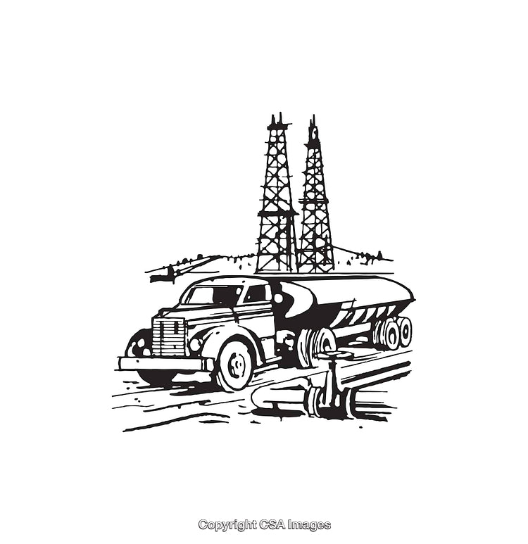 Vintage Truck and Oil Rig Line Art Illustration in Black and White